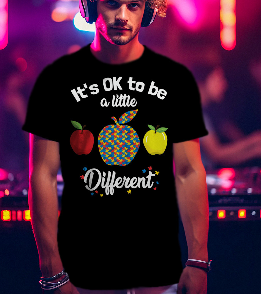 It's OK To Be A Little Different Apple Teacher Aut Puzzle Pattern Red Yellow T-Shirt