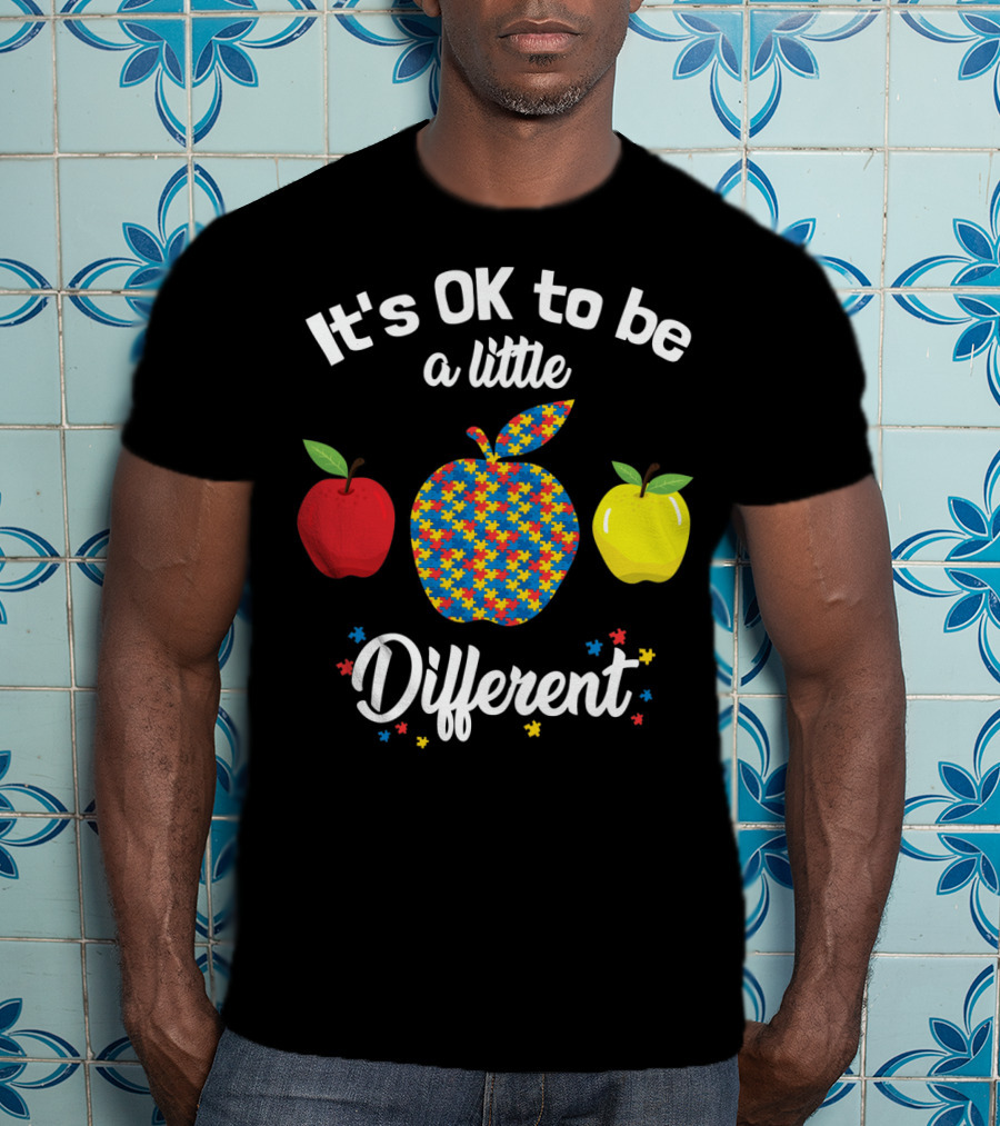 It's OK To Be A Little Different Apple Teacher Aut Puzzle Pattern Red Yellow T-Shirt