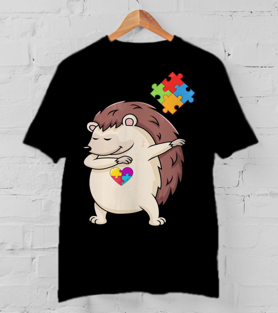 Hedgehog Dabbing With Puzzle Pieces Heart Autism Awareness T-Shirt