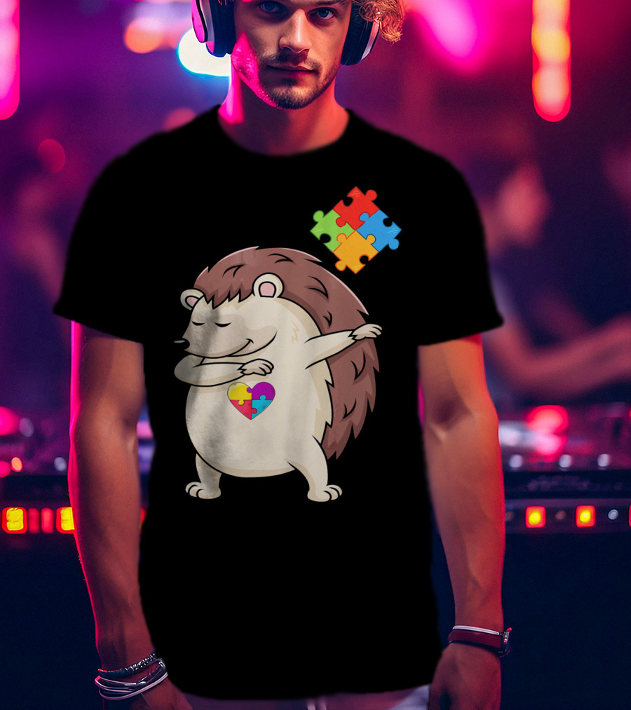 Hedgehog Dabbing With Puzzle Pieces Heart Autism Awareness T-Shirt