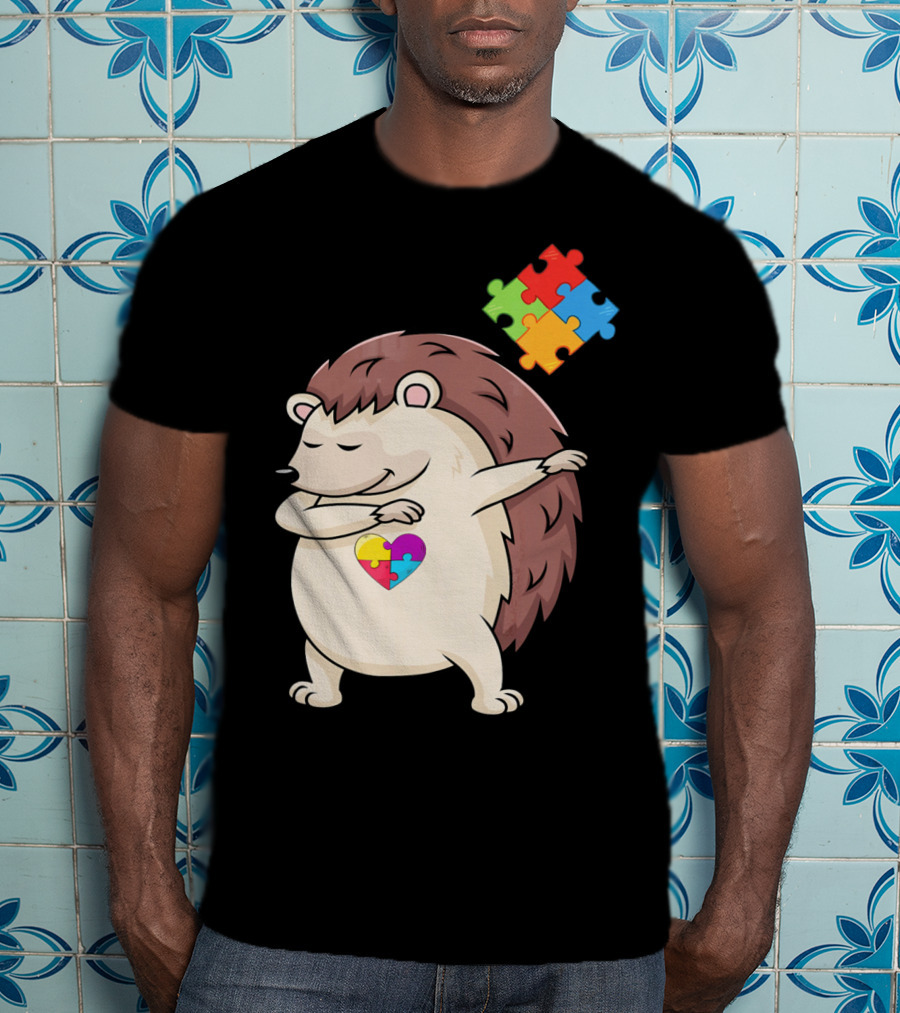 Hedgehog Dabbing With Puzzle Pieces Heart Autism Awareness T-Shirt