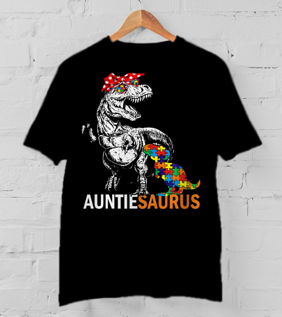 Auntie Saurus Puzzle Pattern Autism Dinosaur T-Shirt