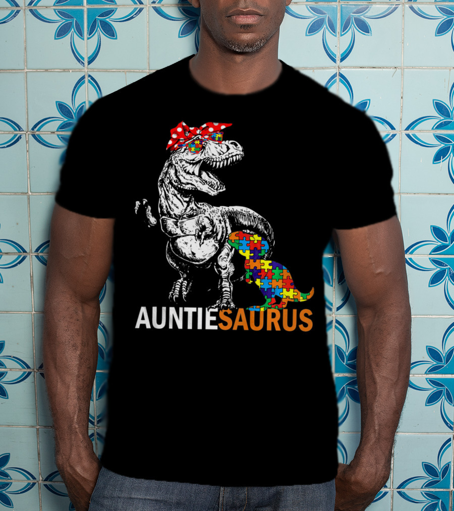 Auntie Saurus Puzzle Pattern Autism Dinosaur T-Shirt
