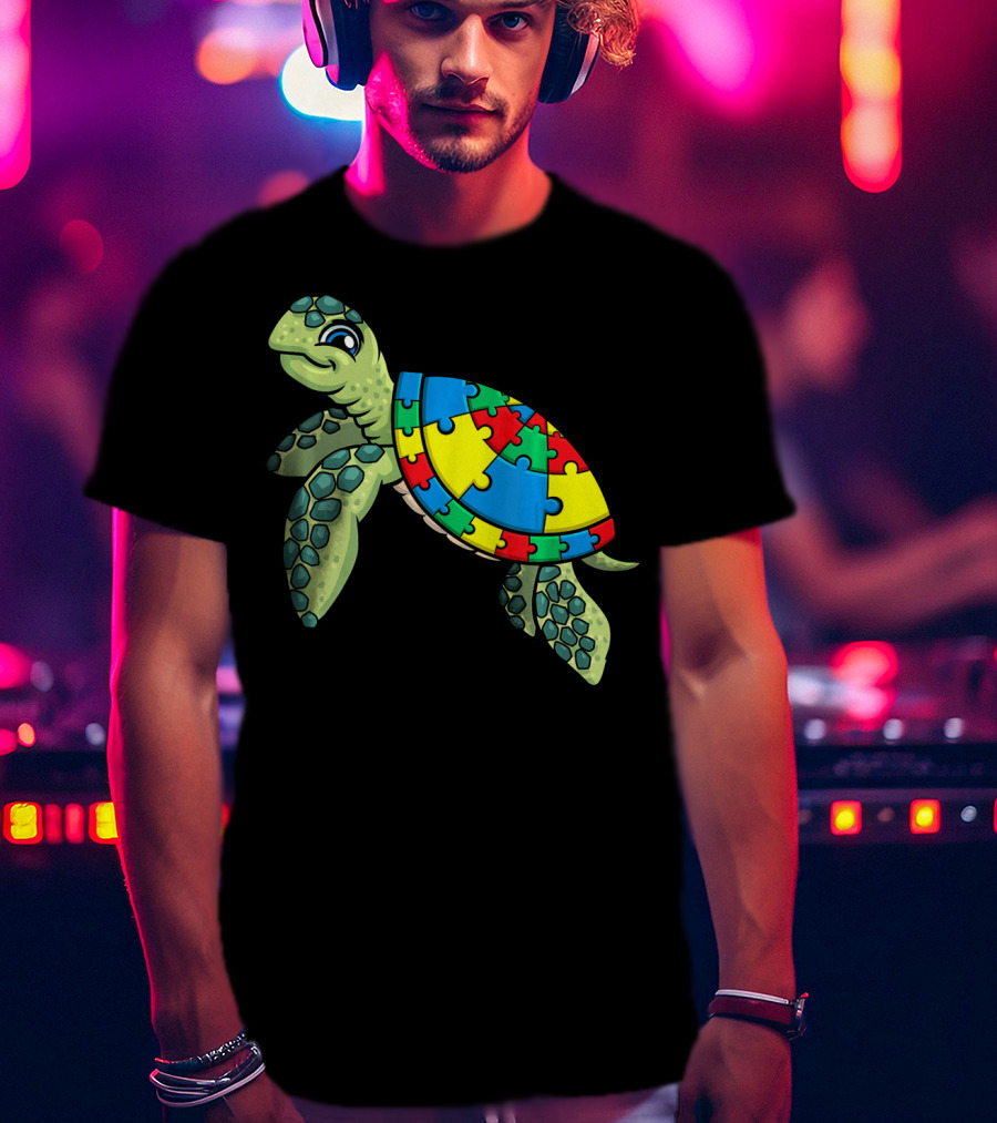 Turtle With Colorful Puzzle Pieces For Autism Awareness T-Shirt