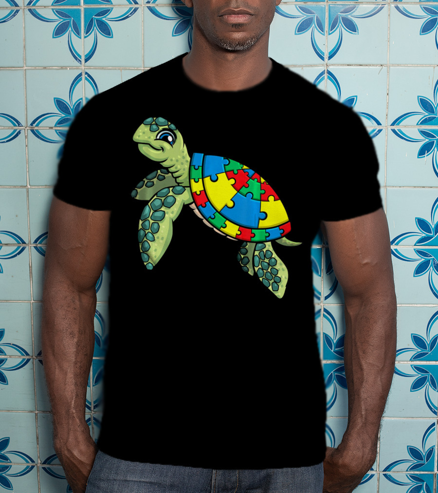 Turtle With Colorful Puzzle Pieces For Autism Awareness T-Shirt