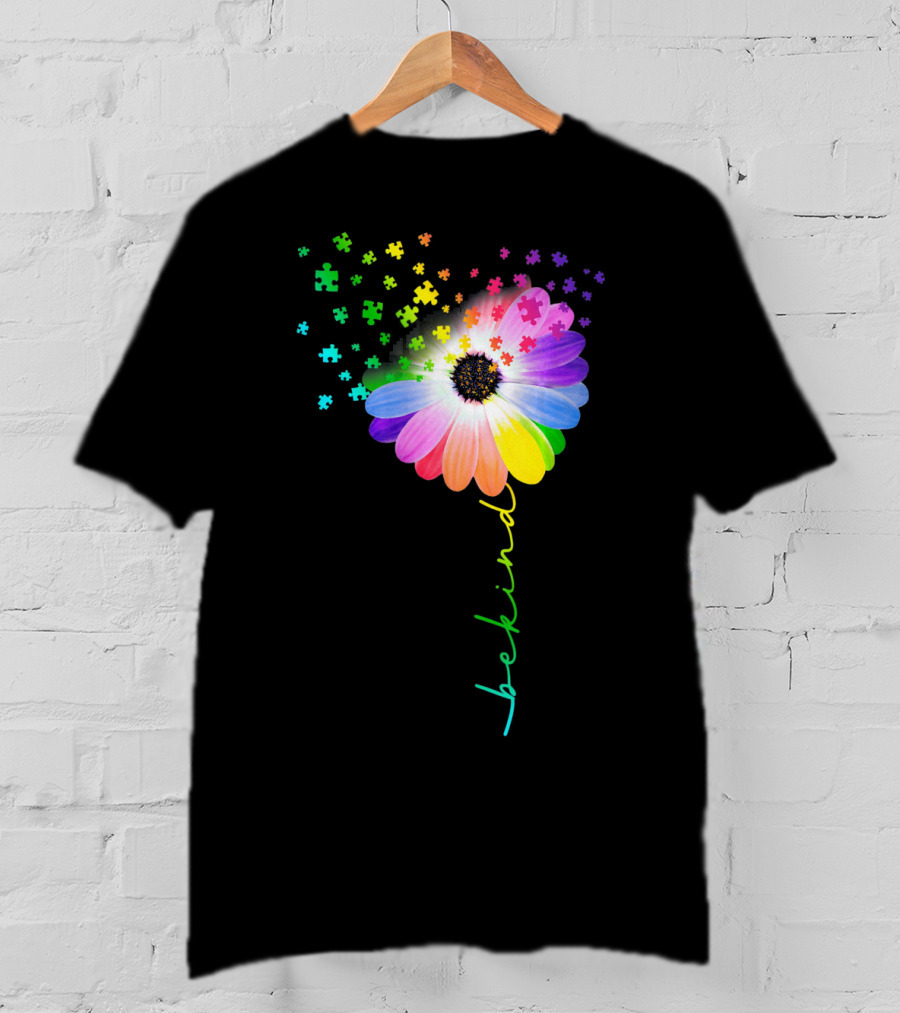 Flower Daisy Dandelion Be Kind Rainbow Puzzle Autism Awareness T-Shirt