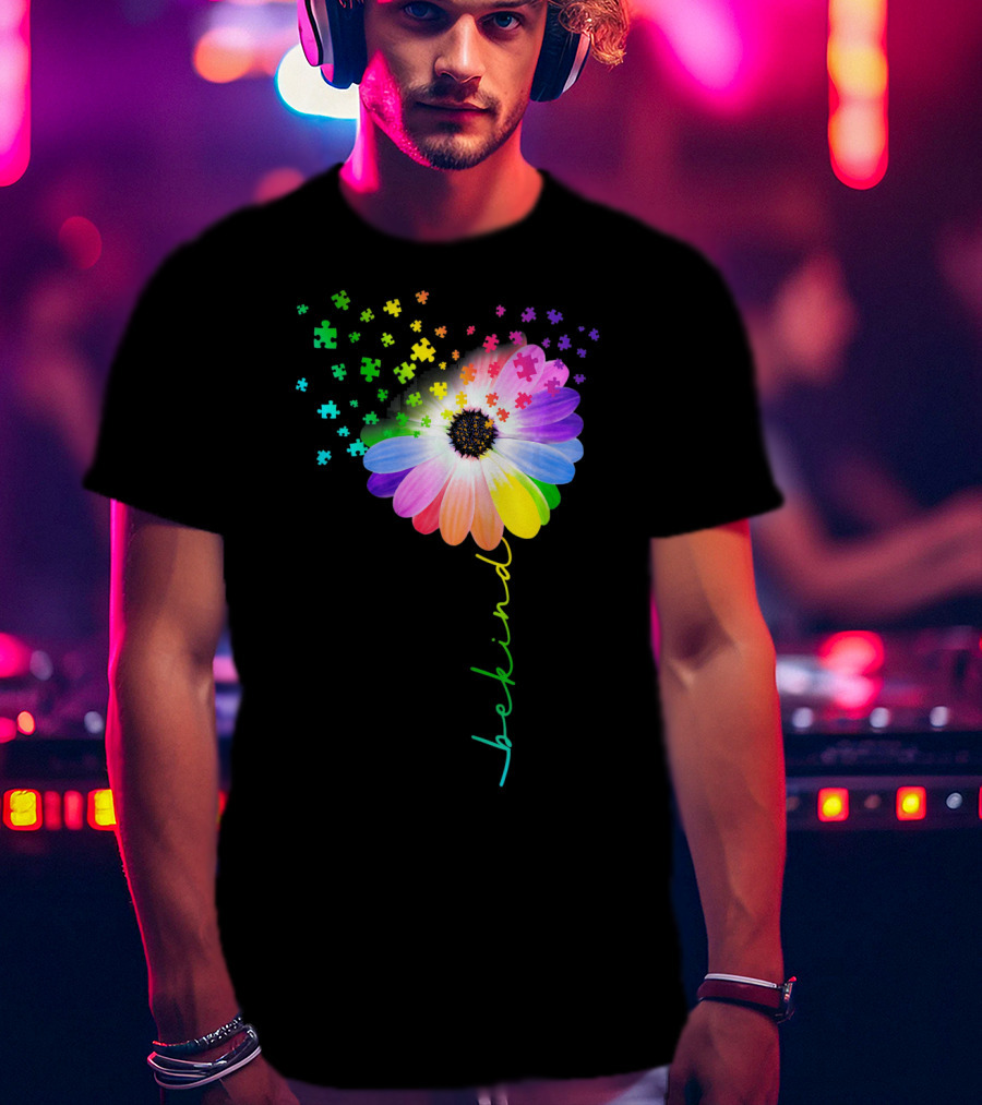 Flower Daisy Dandelion Be Kind Rainbow Puzzle Autism Awareness T-Shirt