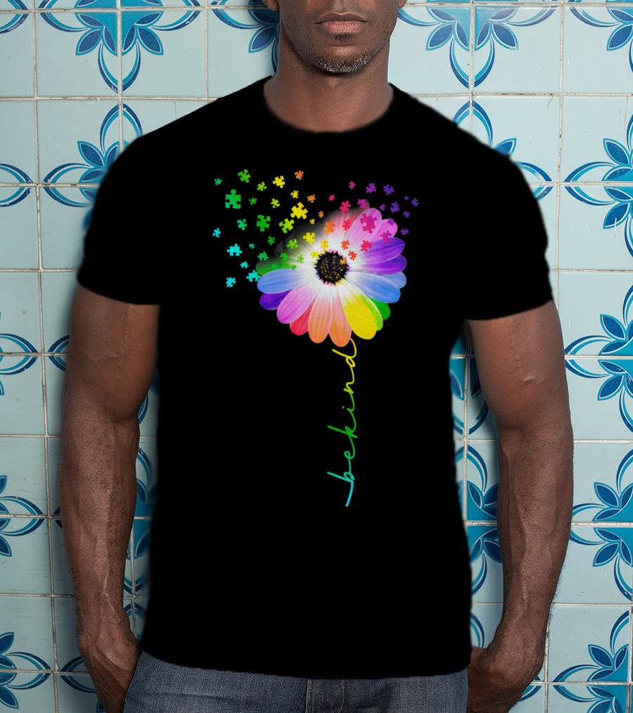 Flower Daisy Dandelion Be Kind Rainbow Puzzle Autism Awareness T-Shirt