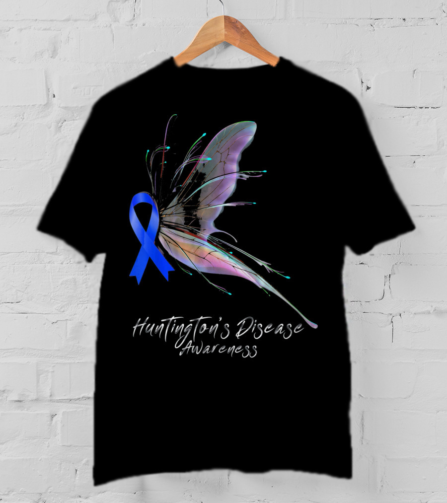 Huntington's Disease Awareness Blue Ribbon Butterfly T-Shirt