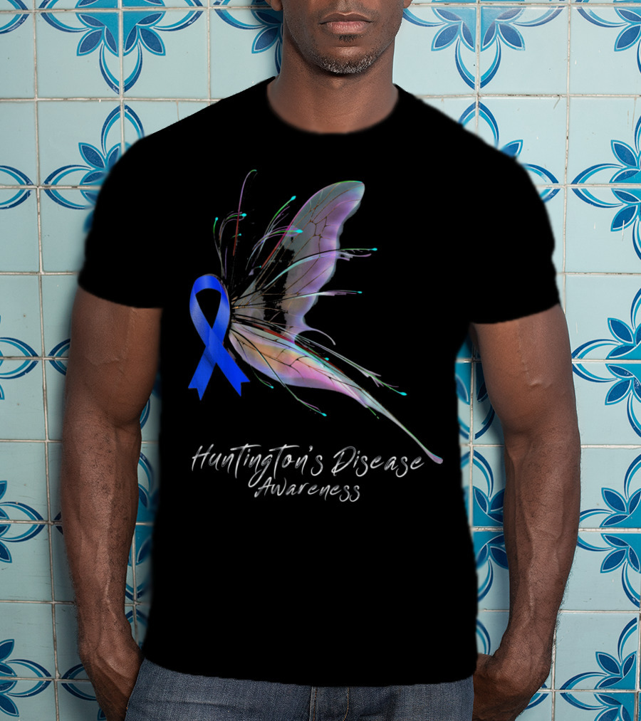 Huntington's Disease Awareness Blue Ribbon Butterfly T-Shirt