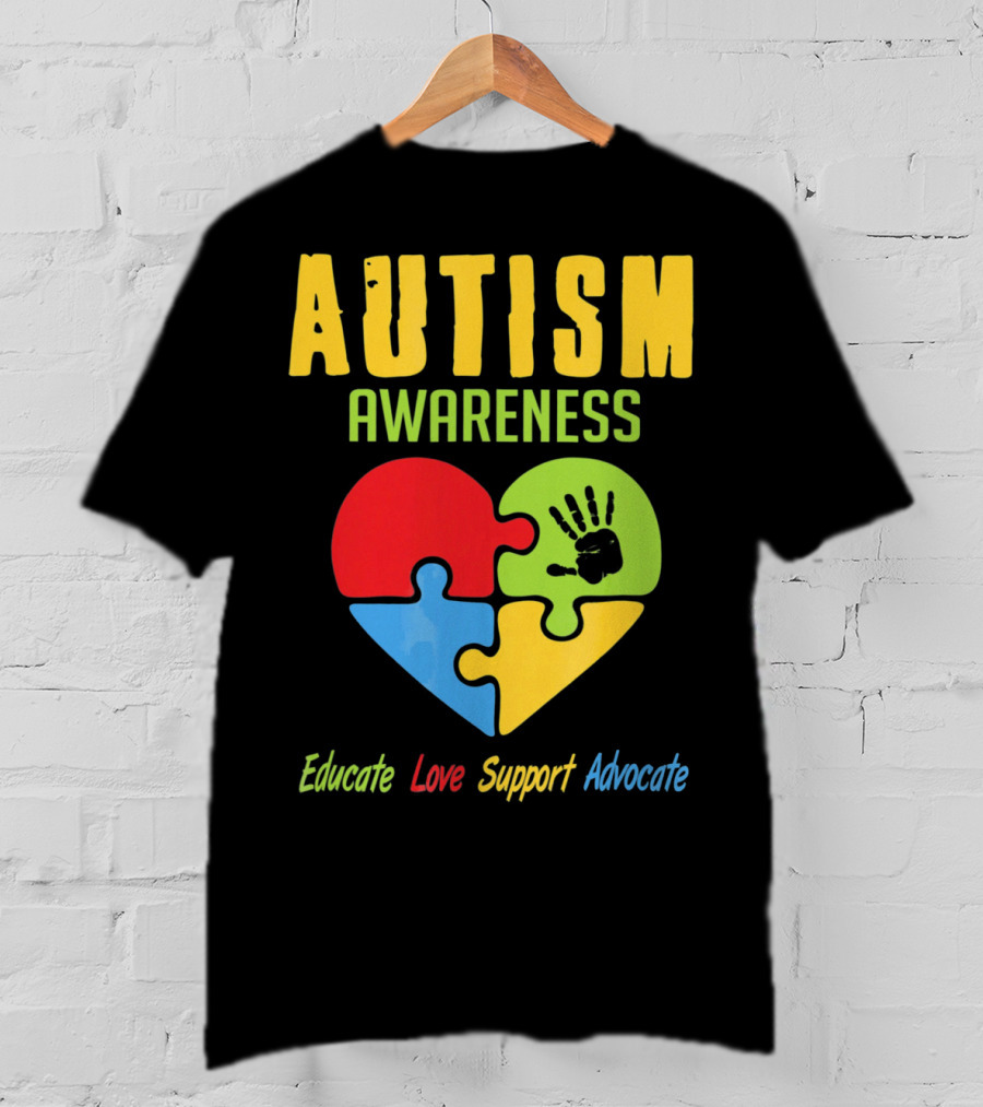 Autism Awareness Advocate Educate Love Support Puzzle Heart Handprint T-Shirt
