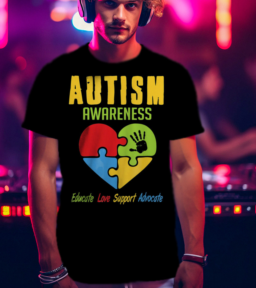Autism Awareness Advocate Educate Love Support Puzzle Heart Handprint T-Shirt