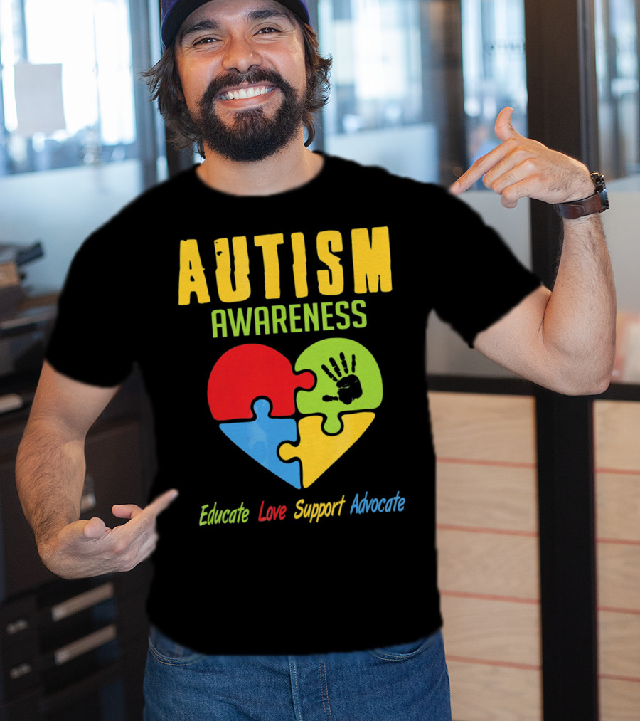 Autism Awareness Advocate Educate Love Support Puzzle Heart Handprint T-Shirt