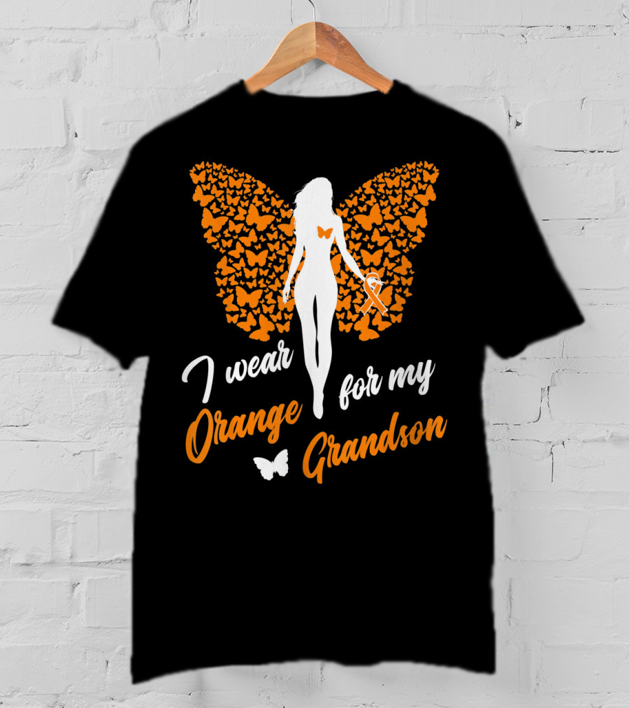 I Wear Orange For My Grandson Leukemia Butterfly Ribbon Awareness T-Shirt