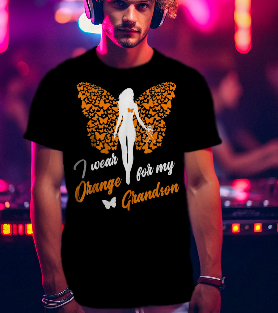 I Wear Orange For My Grandson Leukemia Butterfly Ribbon Awareness T-Shirt