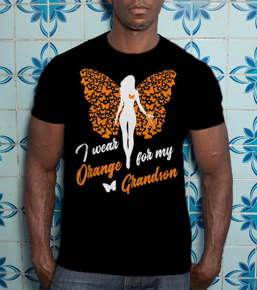 I Wear Orange For My Grandson Leukemia Butterfly Ribbon Awareness T-Shirt