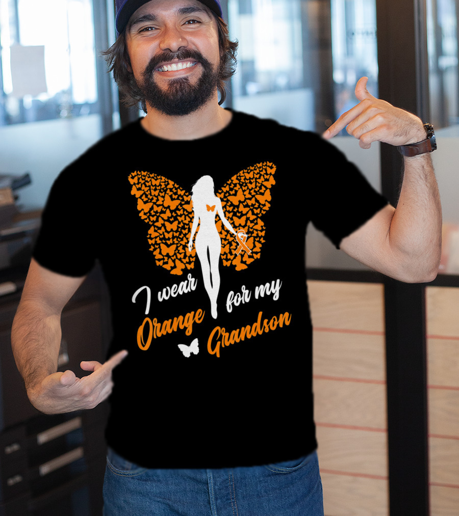 I Wear Orange For My Grandson Leukemia Butterfly Ribbon Awareness T-Shirt
