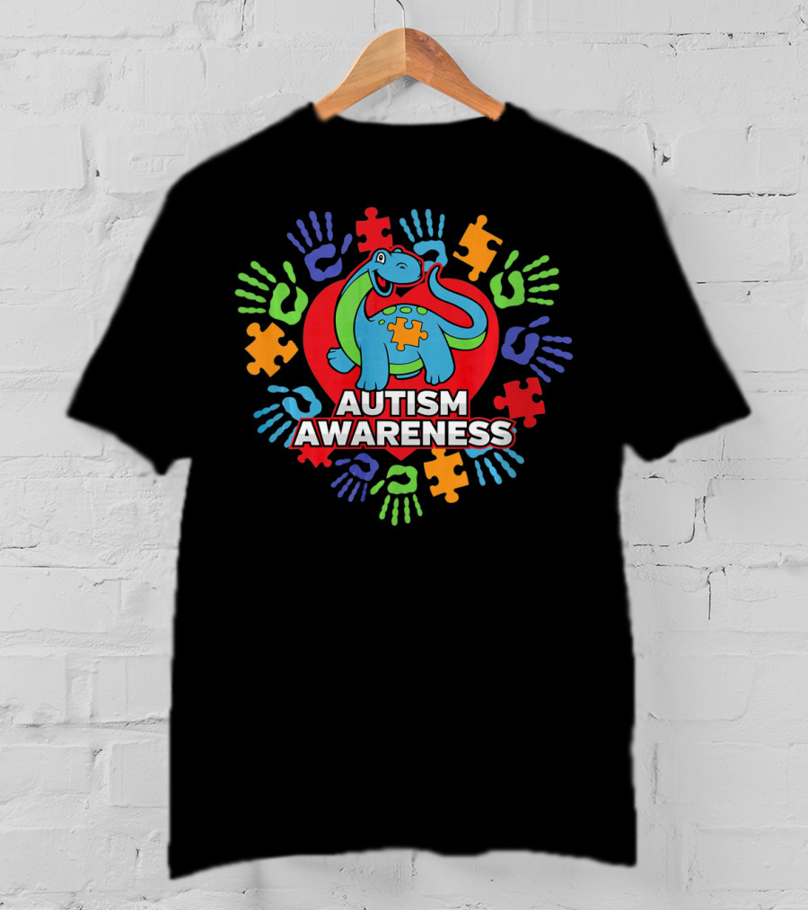 Autism Awareness Blue Dinosaur Heart Puzzle Handprints T-Shirt