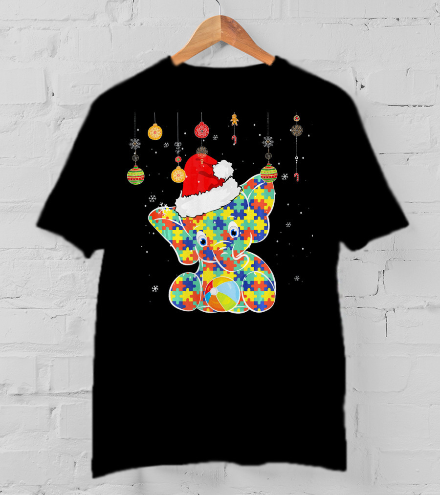 Festive Christmas Elephant In Santa Hat With Autism Puzzle T-Shirt