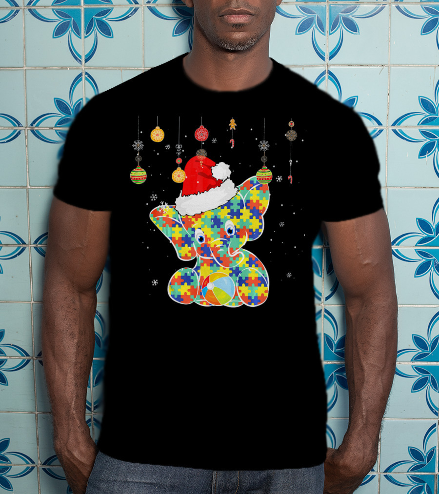 Festive Christmas Elephant In Santa Hat With Autism Puzzle T-Shirt