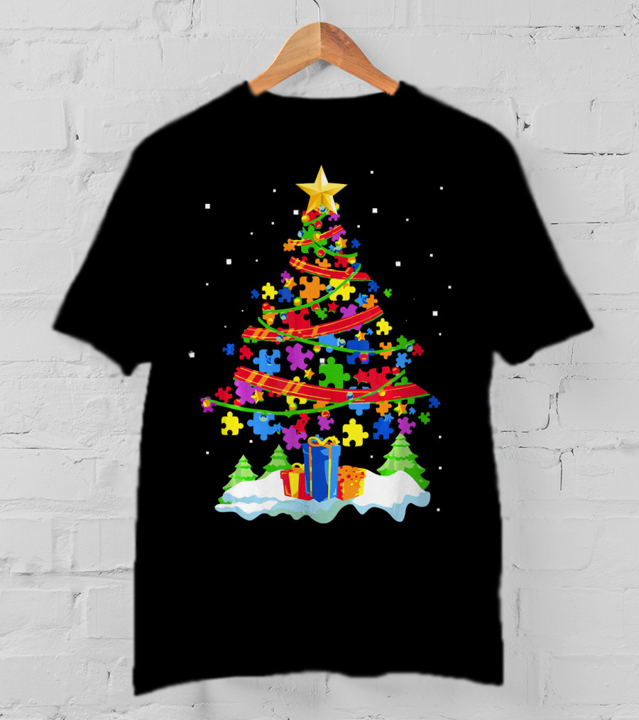 Autism Awareness Christmas Tree Puzzle Pieces Holiday Celebrations T-Shirt