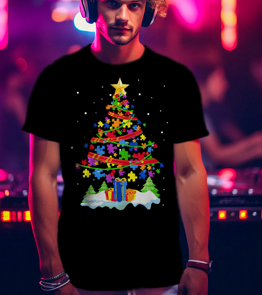 Autism Awareness Christmas Tree Puzzle Pieces Holiday Celebrations T-Shirt