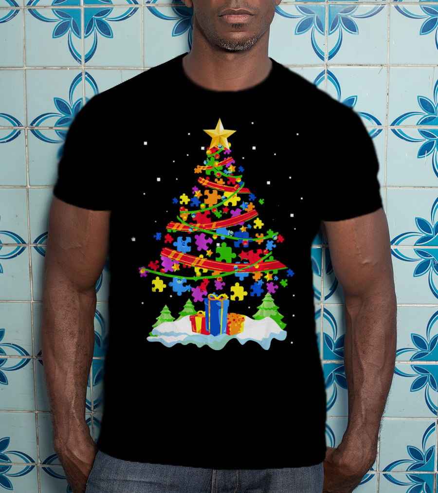 Autism Awareness Christmas Tree Puzzle Pieces Holiday Celebrations T-Shirt