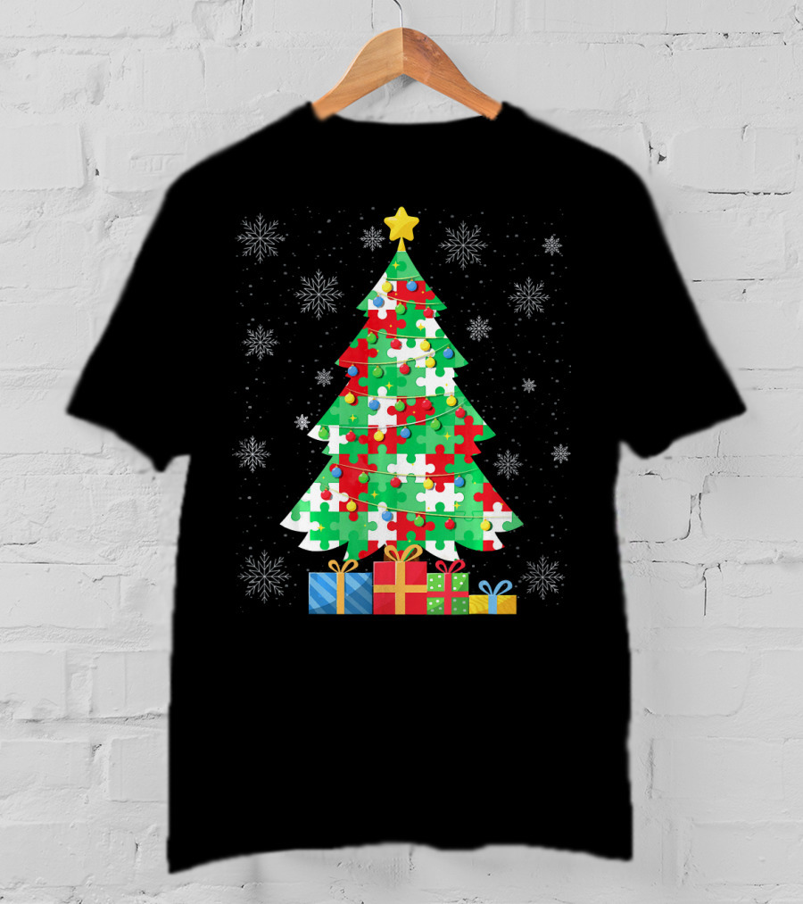 Autism Tree Christmas Puzzle Pattern With Gifts And Snowflakes T-Shirt