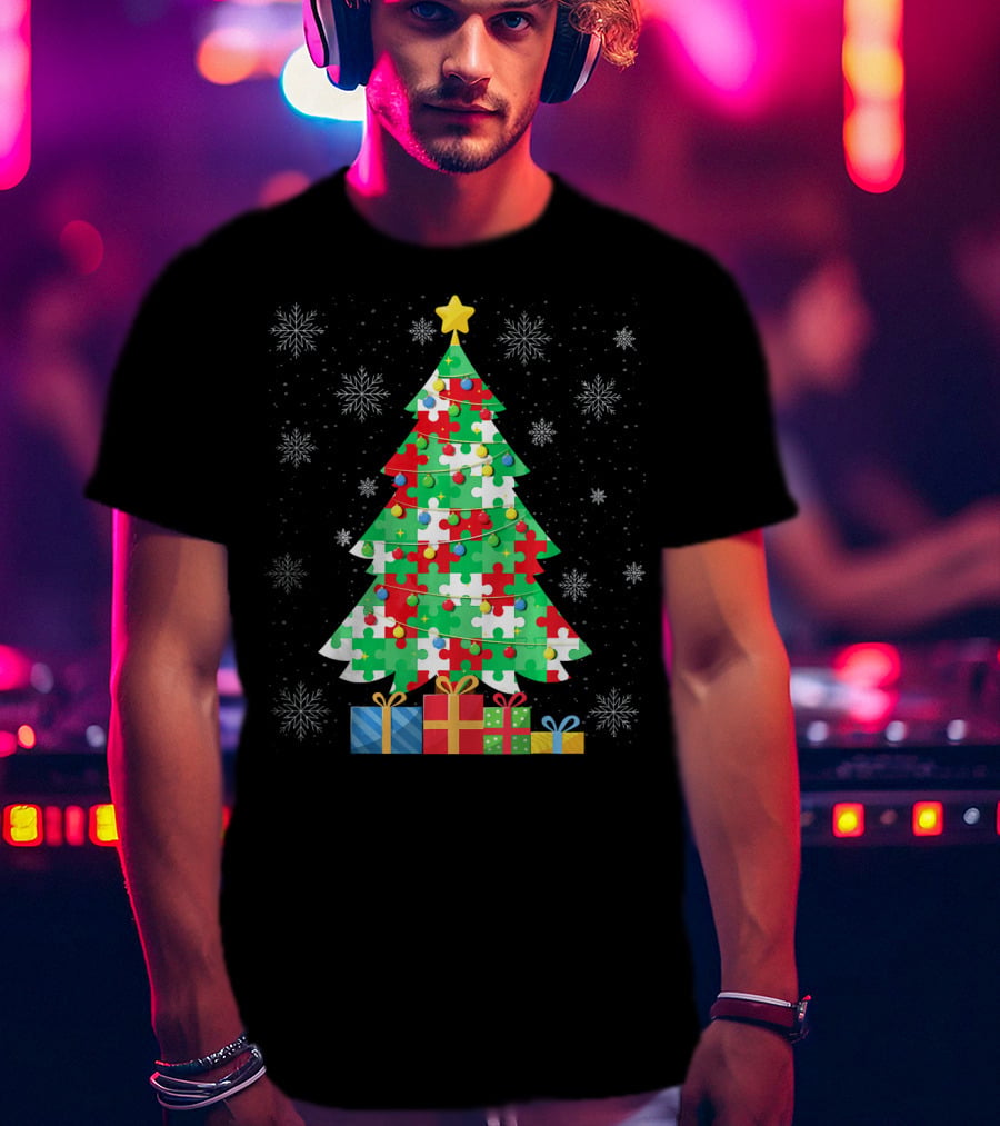 Autism Tree Christmas Puzzle Pattern With Gifts And Snowflakes T-Shirt