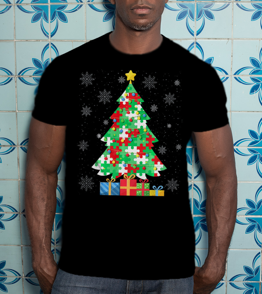 Autism Tree Christmas Puzzle Pattern With Gifts And Snowflakes T-Shirt