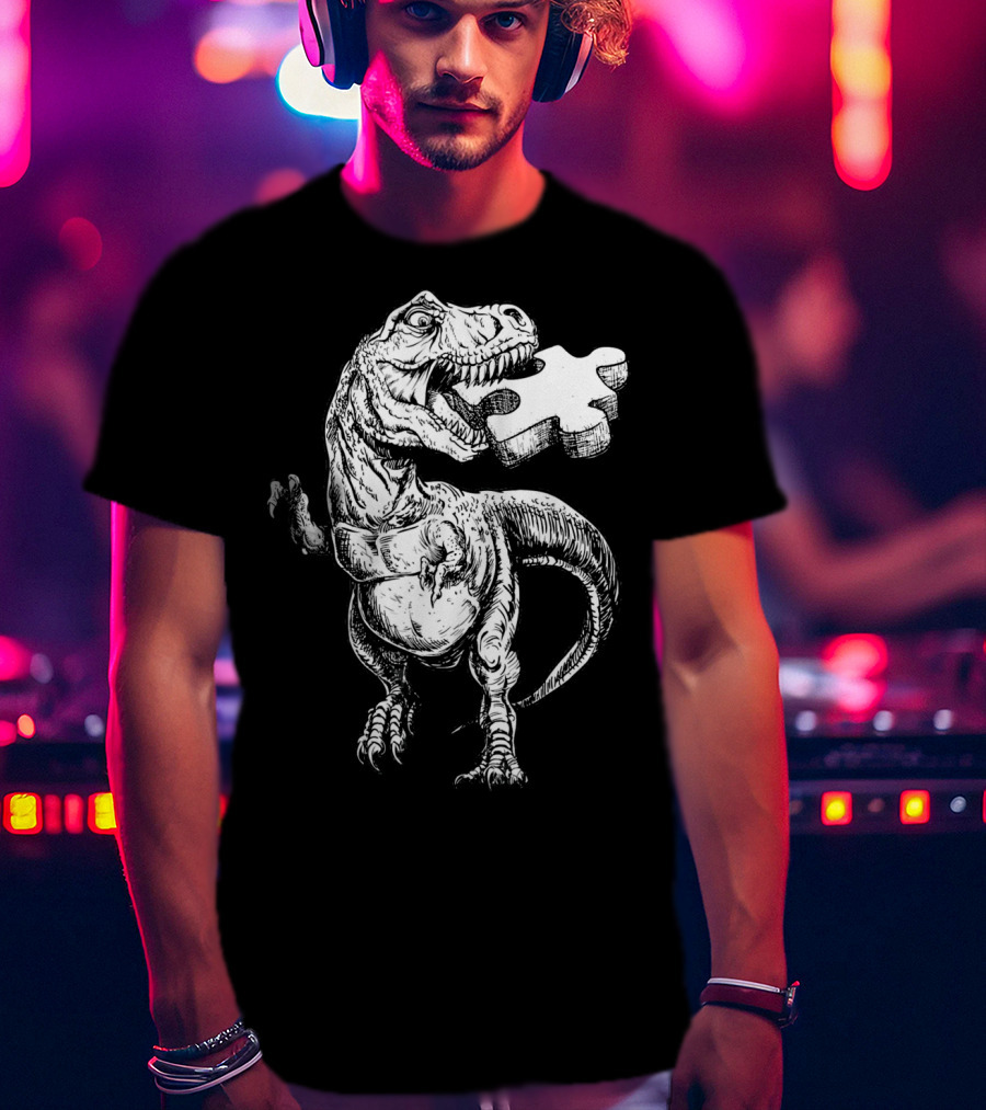 Cool Dinosaur Puzzle Piece Autism Awareness T-Shirt