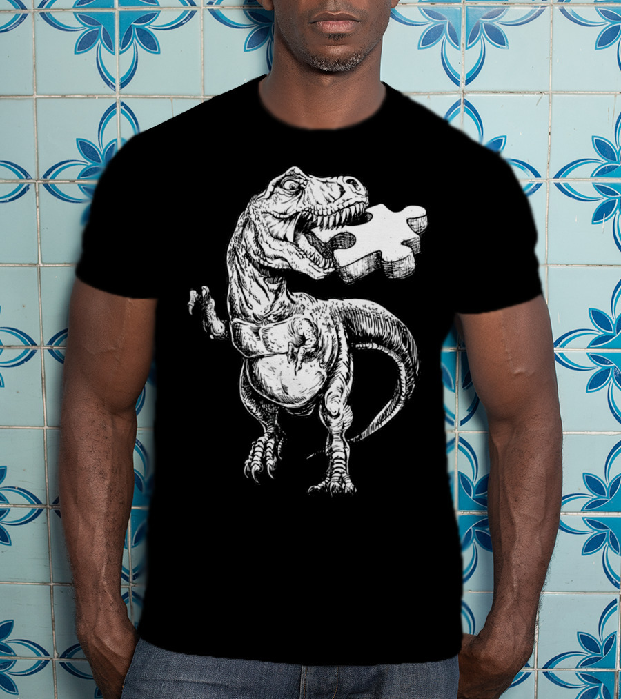 Cool Dinosaur Puzzle Piece Autism Awareness T-Shirt