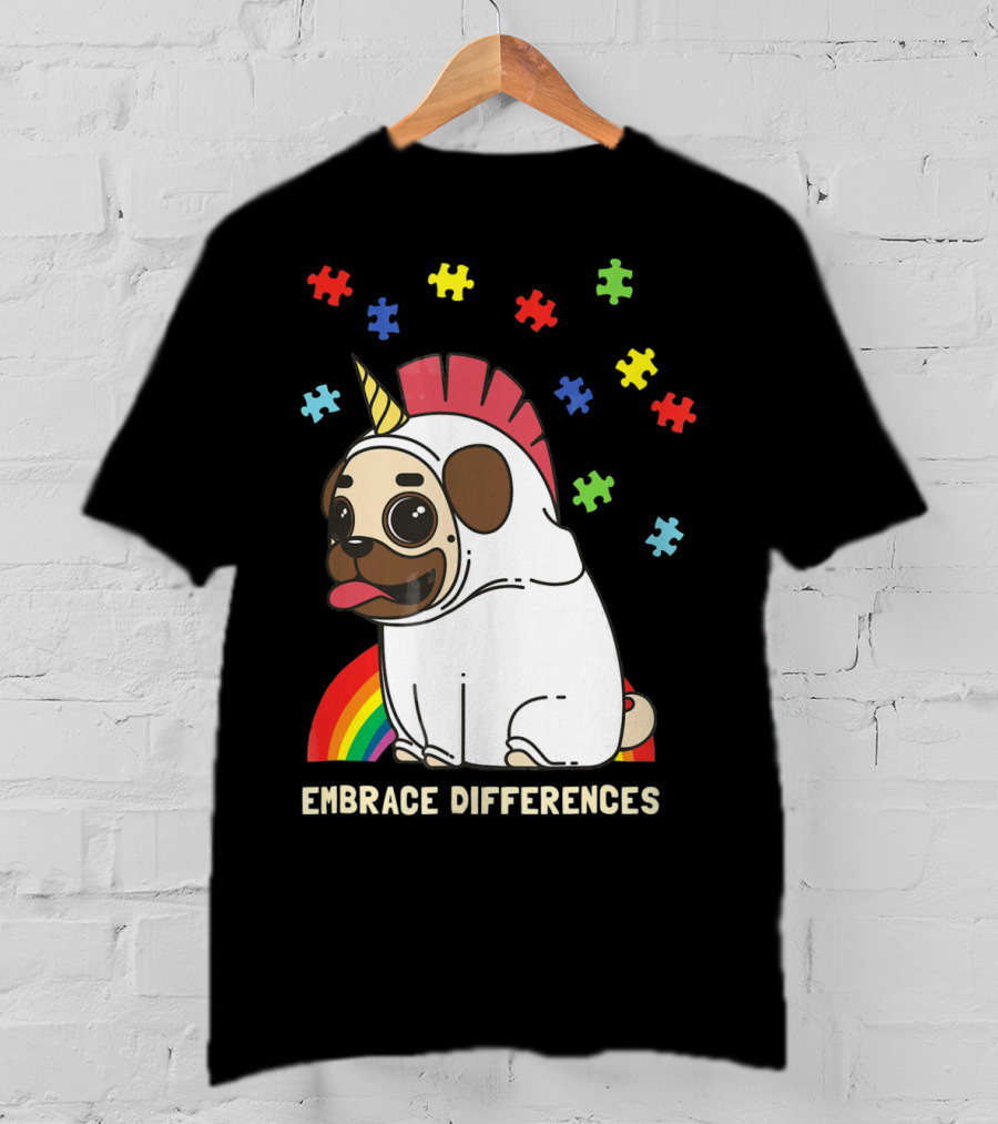Embrace Differences Autism Awareness Unicorn Pug T-Shirt