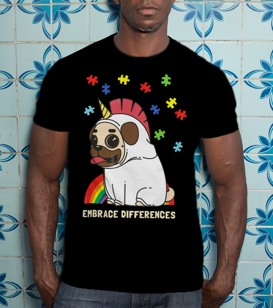 Embrace Differences Autism Awareness Unicorn Pug T-Shirt