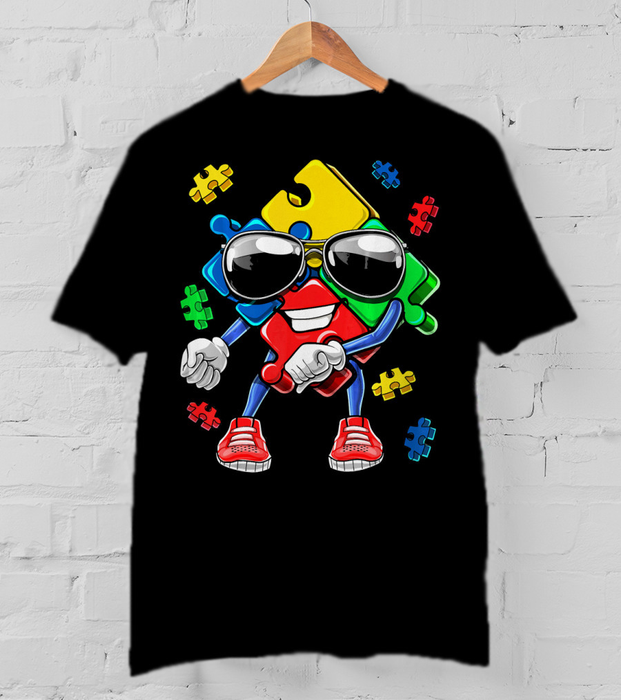 Autism Awareness Flossing Puzzle Piece With Sunglasses And Sneakers T-Shirt