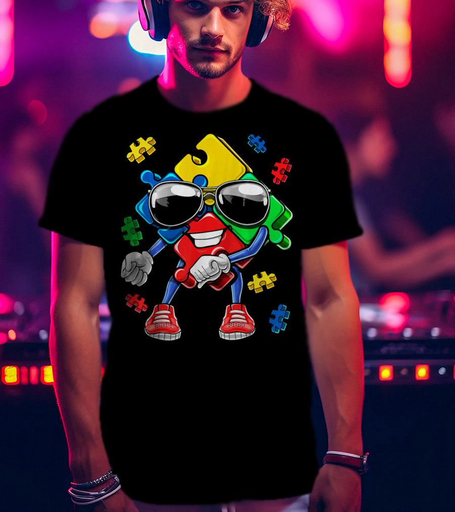 Autism Awareness Flossing Puzzle Piece With Sunglasses And Sneakers T-Shirt