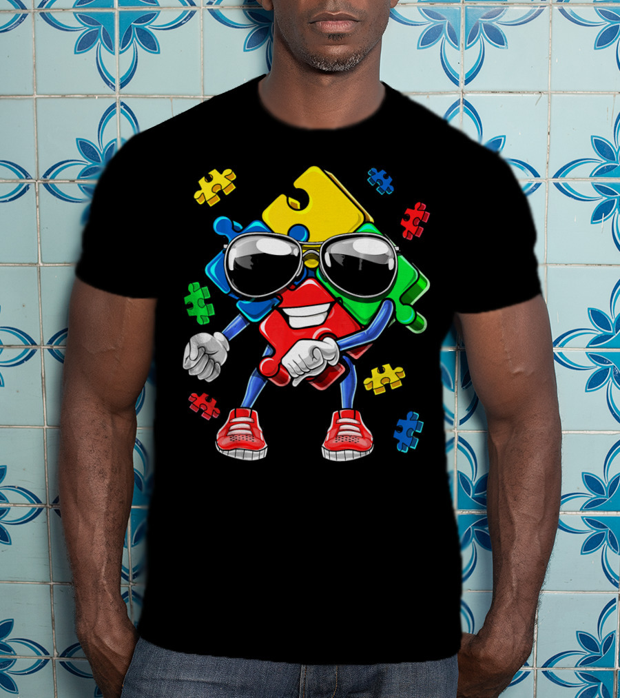 Autism Awareness Flossing Puzzle Piece With Sunglasses And Sneakers T-Shirt