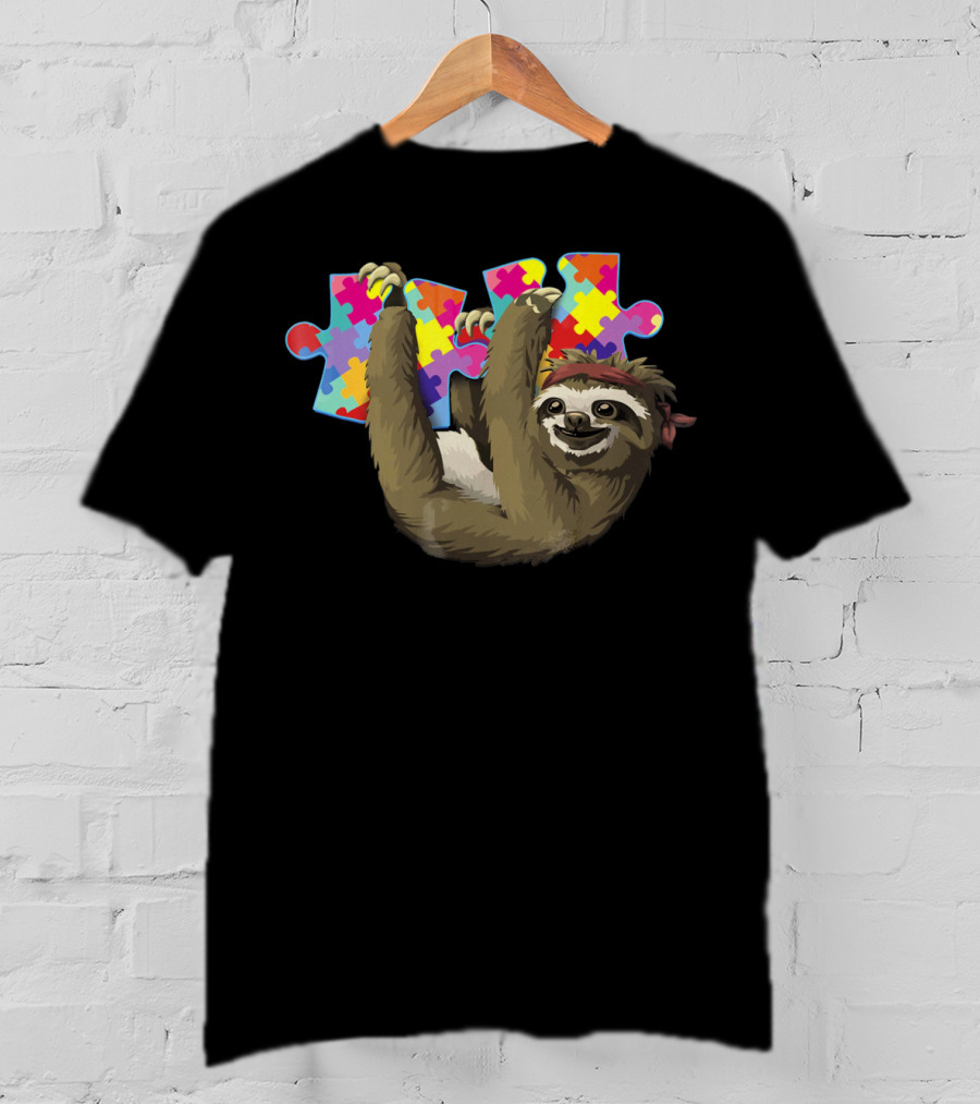 Sassy Sloth Holding Colorful Autism Awareness Puzzle Pieces T-Shirt