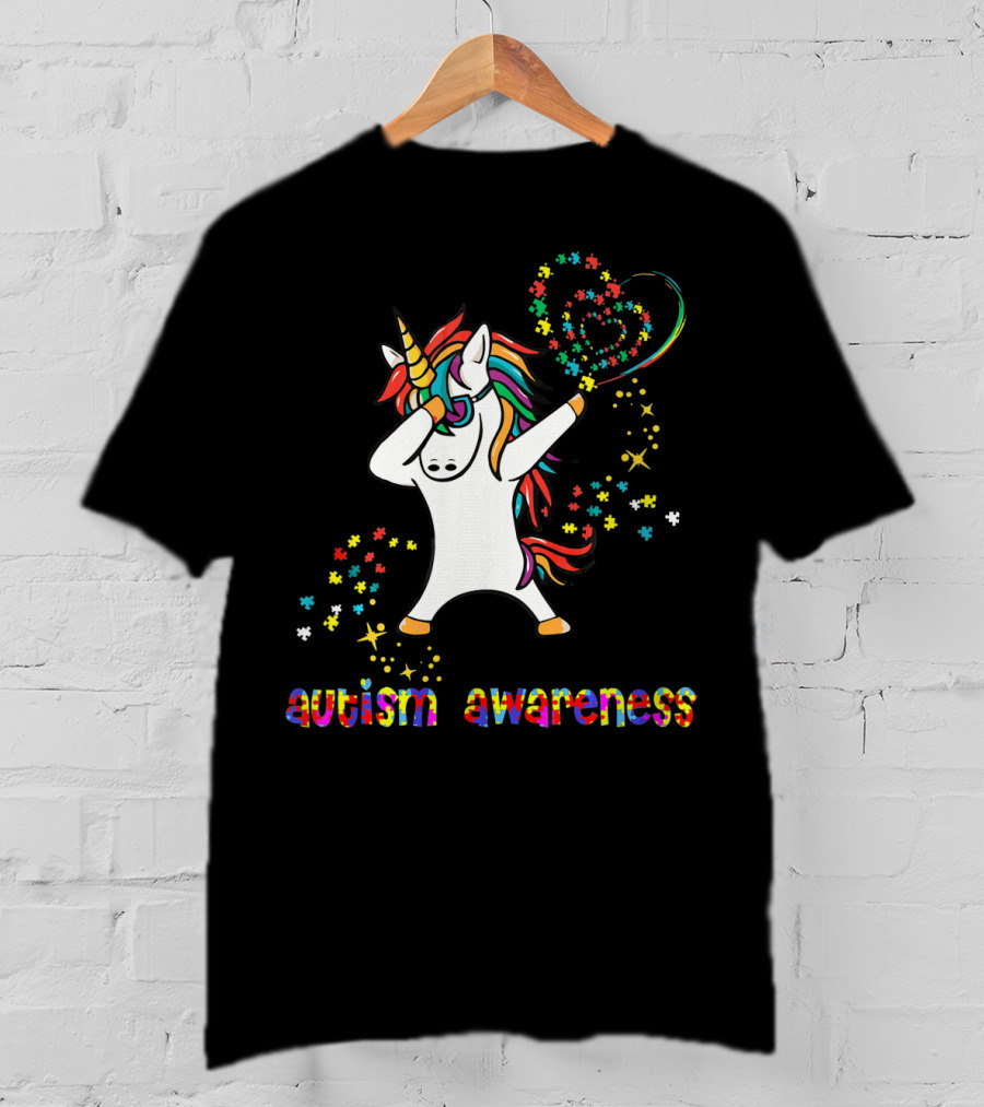 Autism Awareness Dabbing Unicorn Rainbow Puzzle Heart T-Shirt