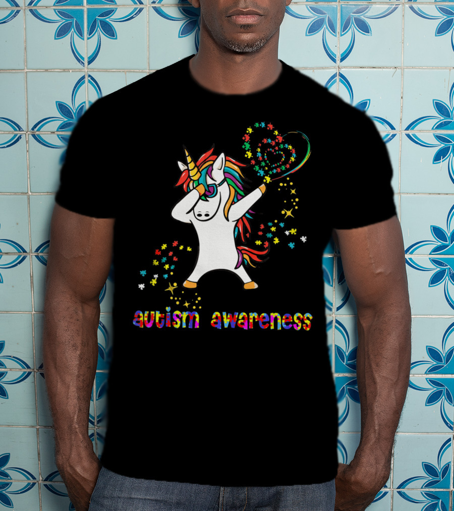 Autism Awareness Dabbing Unicorn Rainbow Puzzle Heart T-Shirt