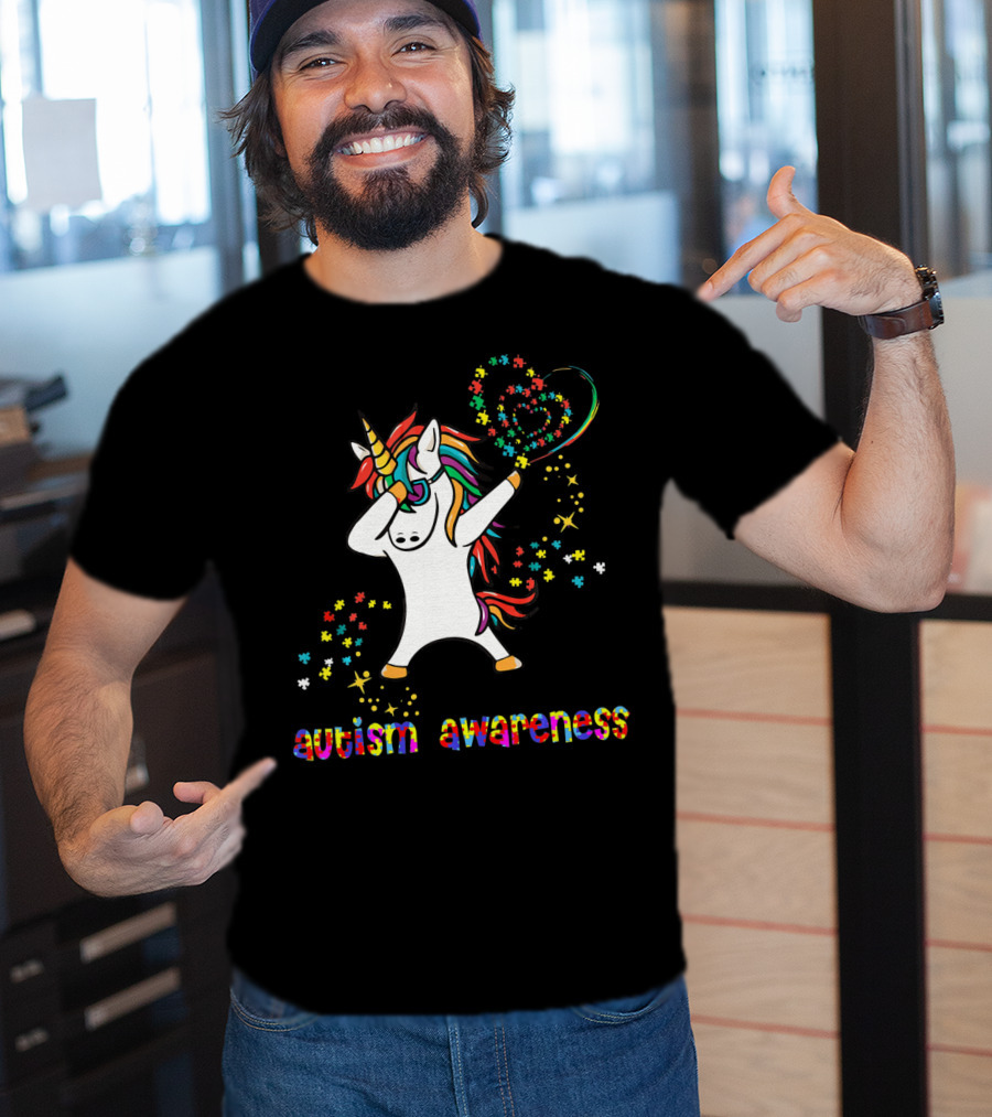 Autism Awareness Dabbing Unicorn Rainbow Puzzle Heart T-Shirt