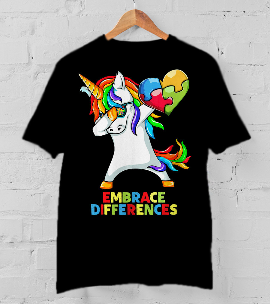 Dabbing Unicorn Embrace Differences Autism Puzzle Heart T-Shirt