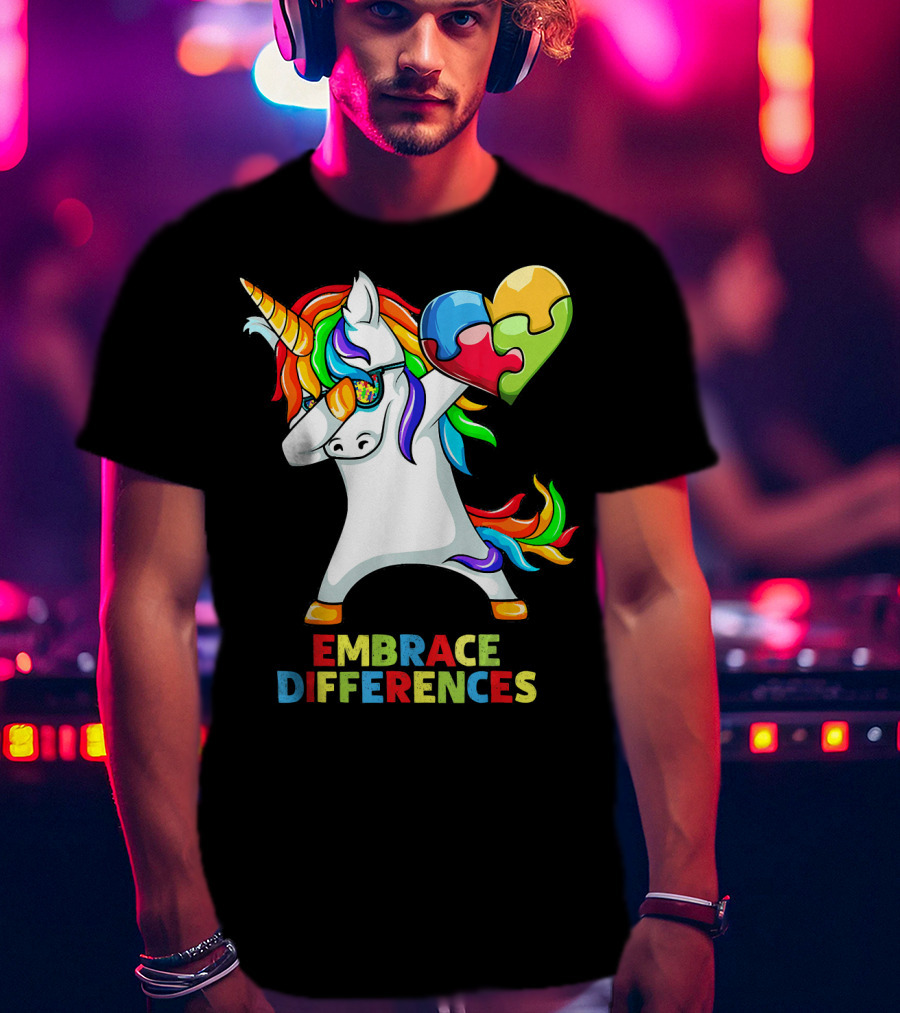Dabbing Unicorn Embrace Differences Autism Puzzle Heart T-Shirt