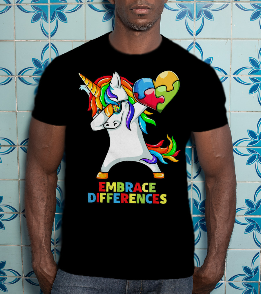 Dabbing Unicorn Embrace Differences Autism Puzzle Heart T-Shirt