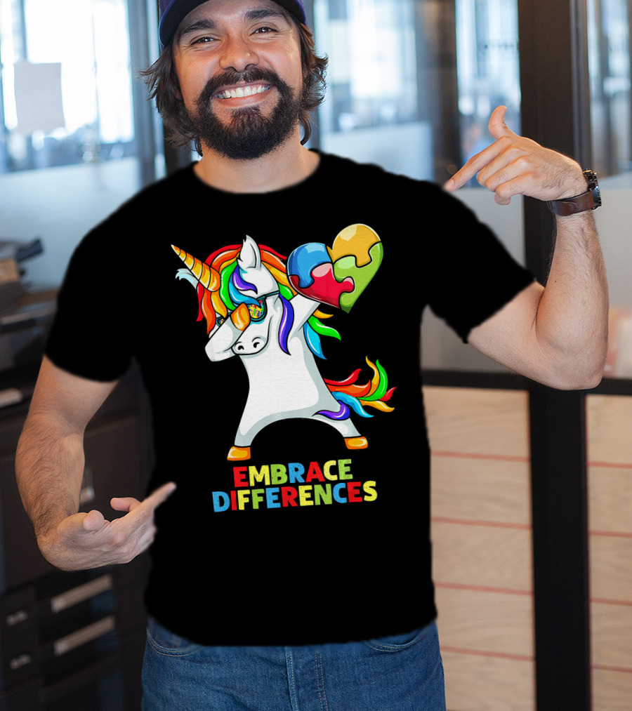 Dabbing Unicorn Embrace Differences Autism Puzzle Heart T-Shirt