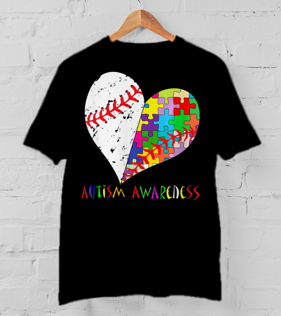 Swing For A Cause Baseball Heart Autism Awareness Puzzle Pieces T-Shirt