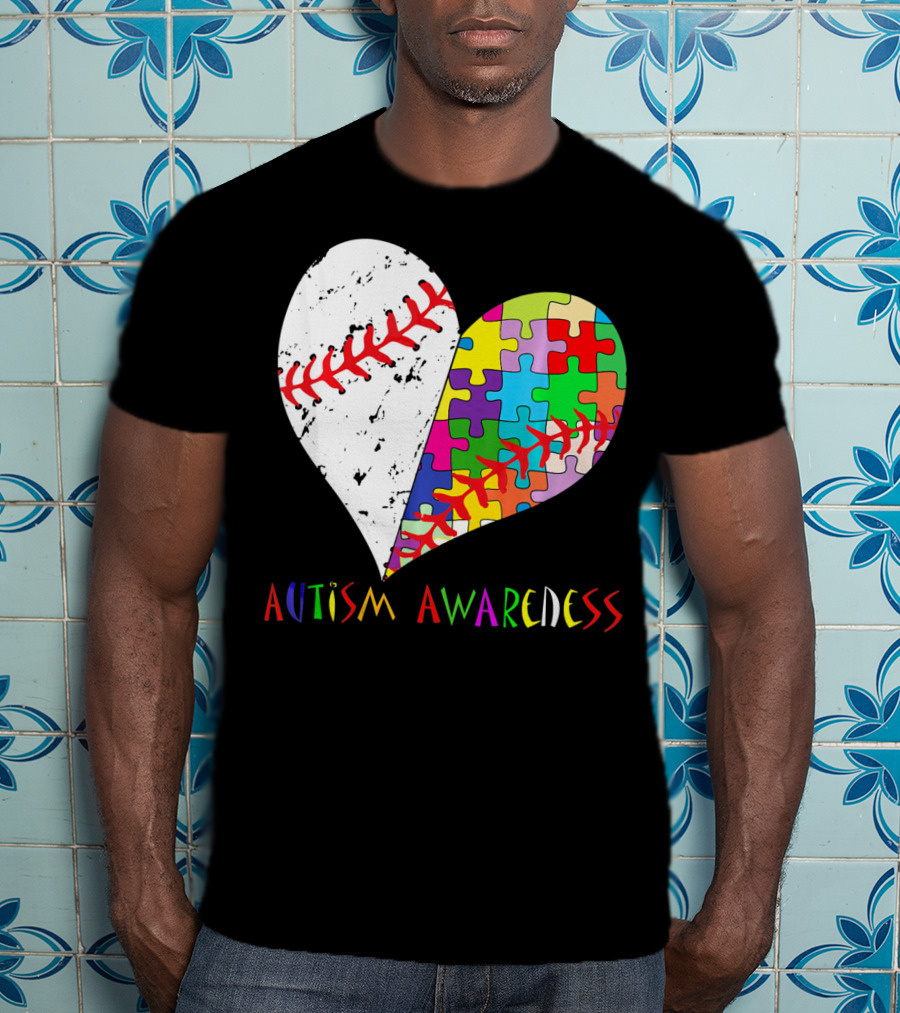Swing For A Cause Baseball Heart Autism Awareness Puzzle Pieces T-Shirt
