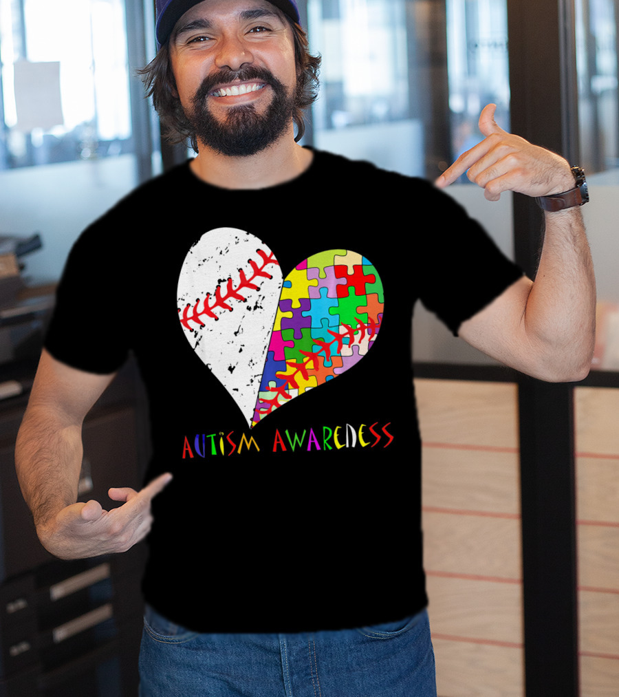 Swing For A Cause Baseball Heart Autism Awareness Puzzle Pieces T-Shirt