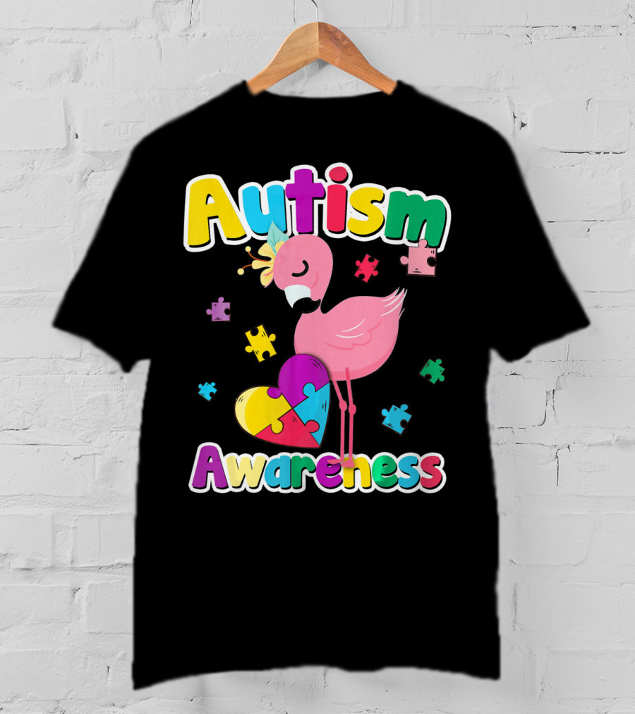 Autism Awareness Flamingo Heart Puzzle Pieces T-Shirt