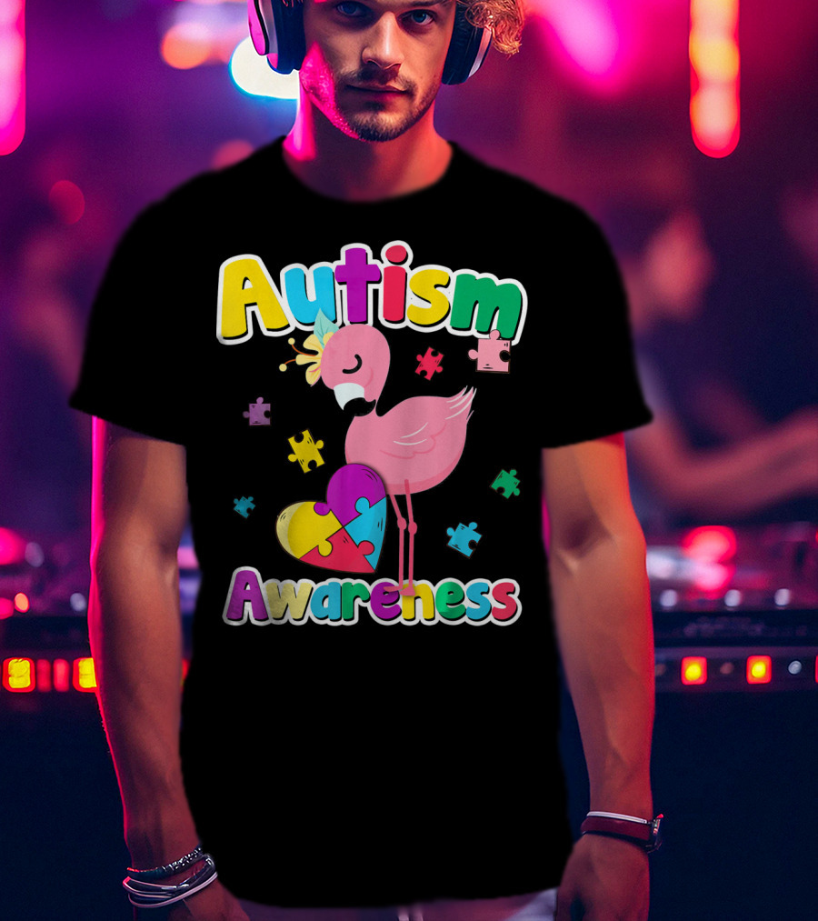 Autism Awareness Flamingo Heart Puzzle Pieces T-Shirt
